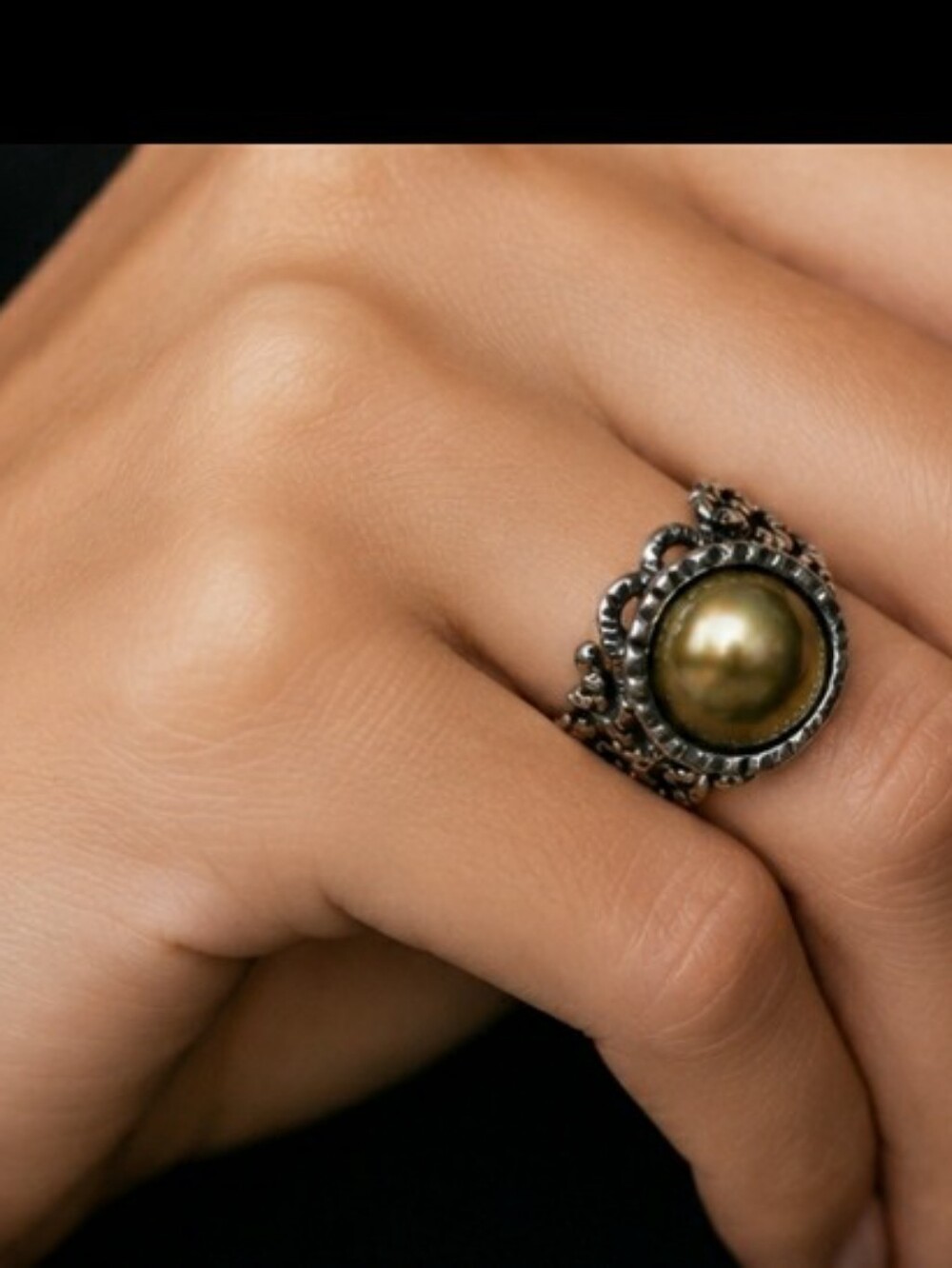 Olive Green Cultured Pearl Ring Sterling Silver Israel 925